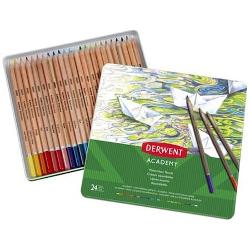 Set cu 24 de creioane colorate tip acuarela Derwent Academy, in cutie metalica DW2301942