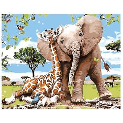 Set de pictura pe numere 40x50 cm - Elefant si girafa, panza de bumbac pe rama de lemn 1105