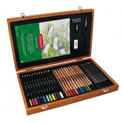 Set complet pentru schite si desen Derwent Academy cutie din lemn creioane colorate acuarela si g