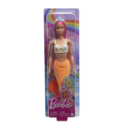 Papusa Barbie sirena cu parul roz si coada portocalie MTHRR02_HRR05