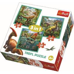 Puzzle 3 in 1 cu 50, 36 si 20 de piese, trefl - lumea extraordinara a dinozaurilor 34837