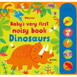Babys will discover different dinosaurs which stomp through the colourful pages of this book Press the buttons to hear a noisy hungry diplodocus squeaky dinosaur babies a roaring Trex as well as other dinosaurs