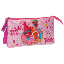 Penar 22 cm 3 comp Trolls Happy - culoare fuchsia cu imprimeu personaje DJ Suki & Princesa Poppy & Cooper 3 compartimente material microfibra  PVC dimensiune 22x12x5 cm 