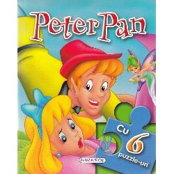 Povestea lui Peter Pan intr-o carte cu 6 pagini frumos ilustrate si 6 puzzle-uri a cate 6 piese fiecare Cartea are paginile cartonate