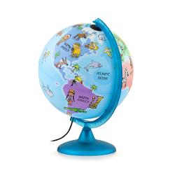 Glob ilustrat cu lumina in interior conceput pentru copii Produsul include un afis mare al hartii lumii alb-negru pentru a fi colorat si atarnat pe perete