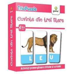 TRIOPUZZLE CUVINTE DIN TREI LITERE reprezint&259; o modalitate ingenioas&259; &537;i amuzant&259; de a îmbog&259;&539;i vocabularul copilului &537;i de a-l preg&259;ti pentru cititul cursiv &537;i pentru scrisPachetul con&539;ine• o mini-carte cu jocuri &537;i indica&539;ii pentru p&259;rin&539;i;• 60 de carduri care trebuie identificate &537;i grupate câte trei 