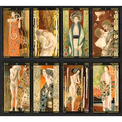 Gustav Klimt’s art held a primary position in early 20th century Vienna - a city rich with intellectual aesthetic and psychological movements that contributed to the formation of modern man This Tarot inspired by the Master recounts love and death sensuality and regeneration Stamped with hot gold impressionsFeatures 78 cards – 66x120 mm – 