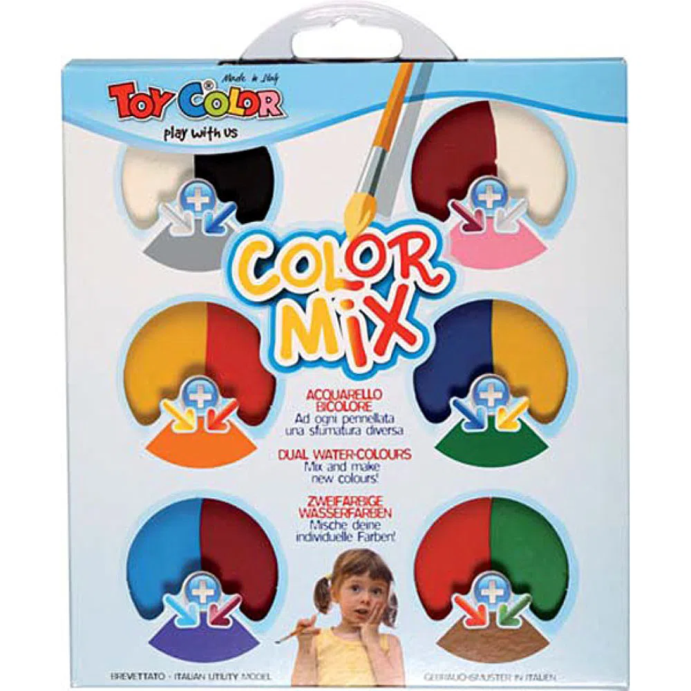 Acuarele Toy Color Colour Mix 12 culoriTabletele mari realizate din dou&259; culori diferite ajut&259; copiii s&259; în&539;eleag&259; cât de multe nuan&539;e de culoare se pot crea prin amestecare Denivel&259;rile de pe tableta de culoare ajut&259; la uscarea natural&259; a acestora f&259;r&259; s&259; diminueze calitatea materialelor utilizate în produc&355;ieNuan&355;ele pot fi amestecate între ele pentru a extinde 