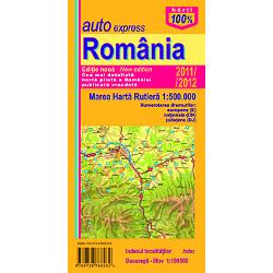 Scara 1500000Harta rutiera Romania cuprinde toate drumurile europene nationale judetene si comunale din tara numerotarea acestora si distantele dintre localitati Indexul localitatilor este de asemenea prezent precum si detalii privind formele de relief si obiectivele turistice importante