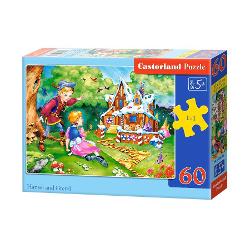 Puzzle de 60 de piese cu Hansel and Gretel Dimensiuni cutie245×175×37 cm Dimensiune puzzle 32×23 cm Recomandat pentru persoanele cu varste peste 5 ani