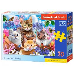 Puzzle de 70 de piese cu Kittens with Flowers Dimensiuni puzzle 49×29 cm Recomandat pentru persoanele cu varste peste 5 ani