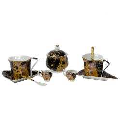 Set de ceramica pentru cafea sau ceai Gustav Klimt - Kiss 117 Set18Setul include 2 cani cu farfurioara si lingurite un recipient cu capac pentru zahar si 2 cescute pentru lapte