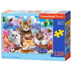 Puzzle de 120 de piese cu Kittens with Flowers Dimensiuni cutie 245×175×37 cm Dimensiune puzzle 32×23 cm Pentru cei cu varste peste 6 ani