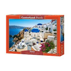 Puzzle de 500 piese cu Summer in Santorini Puzzle-ul are 47 x 33 cm iar cutia masoara 325×225×5 cm Pentru varste de peste 9 ani