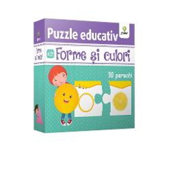Cu ajutorul puzzle-ului Forme &537;i culori copilul va înv&259;&539;a foarte u&537;or formele geometrice asociindu-le cu elemente care au un contur similar &537;i aceea&537;i culoare Pachetul con&539;ine 60 de piese de puzzle 30 de perechi care ilustreaz&259; cinci forme geometrice de &537;ase culori diferite