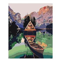  Set de pictura pe numere 40x50 cm - Cabana pe lac, panza de bumbac pe rama lemn 1045