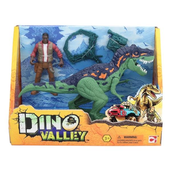 Pregateste-te pentru jocuri de aventura cu Dino Valley Figurina are articulatii mobileMasina timpului este pe cale sa decoleze Dinozaurul cu sunete si lumini va va insoti pe masura ce calatoriti in timp In timpul calatoriei puteti asista la felul in care arata si urla un dinozaur preistoric cu designul sau realistPachetul contine- 1 x dinozaur;- 1 x figurina;- 1 x accesoriuDimensiune articol 