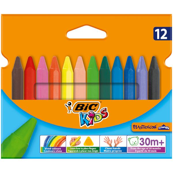 Fie ca vorbim de casa sau scoala creioane colorante BIC Kids Plastidecor sunt perfecte pentru a introduce copiii in lumea minunata de colorare si desen incepand de la 30 de luni Curcubeul de 12 culori include nuante vibrante si metalice care dau frau liber imaginatiei micilor nostri artisti Aceste creioane sunt de 12 cm lungime in loc de standardul de 17 cm astfel incat se potrivesc perfect in mainile mici Cilindrul este foarte durabil iar creionul in sine este mai puternic decat 