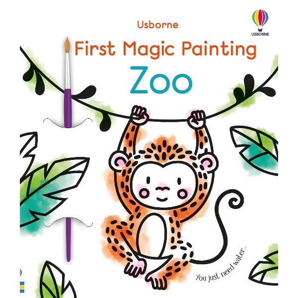 Filled with simple stylish images of popular zoo animals including a monkey giraffe and penguin Just brush water over the bold black and white designs to watch them burst into vibrant colour