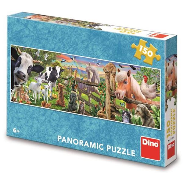 Puzzle panoramic Animale ferma 150 piese - DINO TOYS Poate fi dificil sa decizi care animal iti place cel mai mult De aceea este mai bine sa ai cat mai multe dintre ele intr-un puzzle Caracteristici- Puzzle-ul panoramic cu 150 de piese cuprinde o intreaga ferma copiii bucurandu-se diversitatea animalelor ce apar in imaginea compusa- Formatul panoramic al puzzle-ului il face perfect pentru 