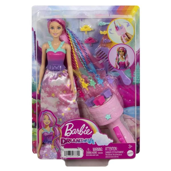 Tinerii stilisti pot crea coafuri magice cu papusa Twist N Style Barbie Accesoriile colorate se adauga la povesti Papusa Barbie nu poate sta singura Culorile si decoratiunile pot varia Creeaza tot felul de stiluri unice Papusa Barbie are un par extra-lung colorat si fantezist de 205 cm cu extensii curcubeu pentru rasuciri si impletituri Copiii pot crea look-urile visurilor lor cu papusa Barbie Twist n Style Aceasta papusa radianta poarta un corset si o fusta ombre cu detalii de 