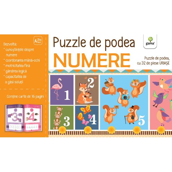 Înv&259;&539;area numerelor de la 1 la 10 e acum mai distractiv&259; Acest puzzle cu 32 de piese uria&537;e cu numere &537;i animale se va îmbina perfect pe podeaua din camera copiluluiPuzzle-ul m&259;soar&259; 18 metri lungime Cartea de activit&259;&539;i inclus&259; reprezint&259; un pas premerg&259;tor rezolv&259;rii puzzle-ului familiarizându-l pe copil cu numerele de la 1 la 10 &537;i cu rela&539;ia dintre num&259;r &537;i 