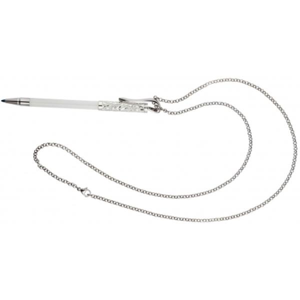 Ball pen in sterling silver 925 and brilliant white lacquer Upper and lower part brilliant white lacquered Upper part with „Vienna“-handengraving Completed with an elegant rolling and handmade clip in relation with a 70 cm long modern neckless