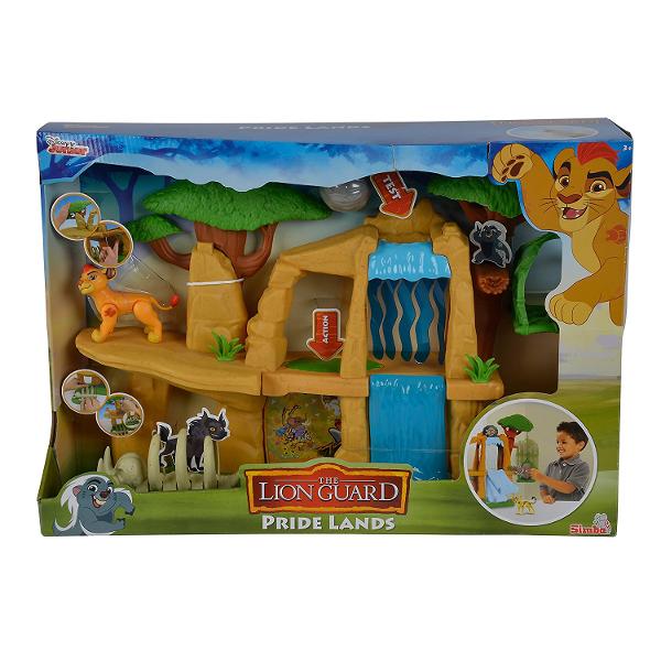 Disney Juniors Lion Guard Defend the Pride Lands playset has eight amazing kid-powered features that make for hours of Lion Guard play Capture intruders with the surprise leaf floor trap or use the collapsing rock ledge that drops into the bone trap Defend Pride Rock with the boulder launcher at the top of the waterfall move Kion from level to level with motorized vine lift and enlist Ono to keep a keen eye on the horizon with the tree top perch This 