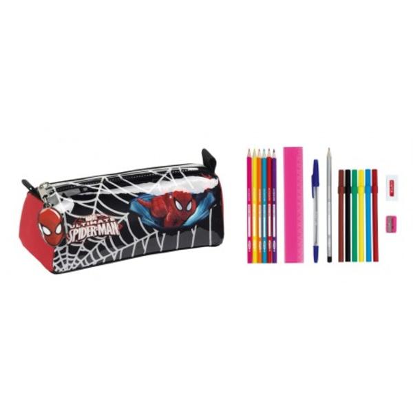 Penar dublu echipat cu 17 piese SpidermanPenarul Spiderman are un compartiment si este echipat cu 17 piese - instrumente de scrisPenarul contine 6 markere 6 creioane colorate1 rigla un creion HB un pix radiera si o ascutitoarePe fata penarului este imprimat 