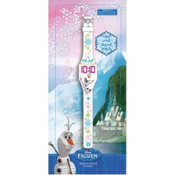 Ceas Olaf digital cu afisaj ledCeas de mana digital cu afisaj led Frozen Disney decorat cu simpaticul om de zapada din filmul animat FrozenPentru a vedea ora atingeti ecranul Bateriile sunt incluseDisponibil din doua culori alb si rozp 