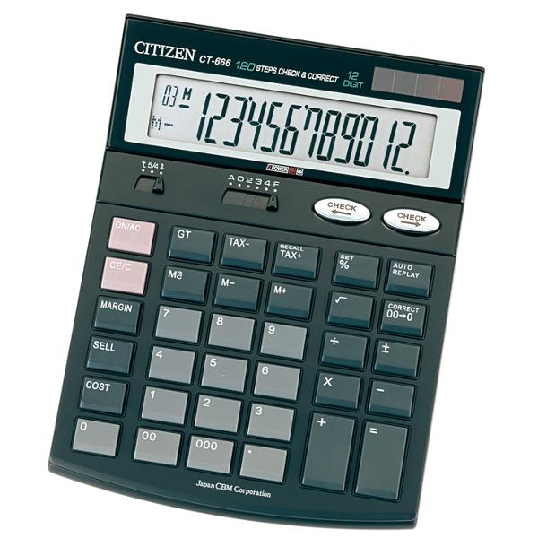 The CITIZEN CT-666 is a large size Desk Top Calculator with CITIZENs well known Check & Correct functions combined with Cost Sell Margin functionMain Features12 Digit Desktop Calculator120 step Check & CorrectCost Sell MarginTax FunctionDual power Battery & SolarLarge LCD DisplayLarge Keysbr 