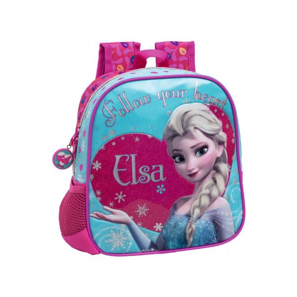 Ghiozdan gradinita Disney Frozen Elsa cu 1 compartiment 1 buzunar exterior imprimeu cu personajul Elsa maner fix bretele ajustabile confectionat din microfibra dimensiuni 23x25x10 cm