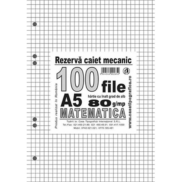 Rezerva pentru caiet mecanic A5 matematica 100 file hartie 80 g cu 2 sau 4 inele Casa TipograficaFabricat in Romania de foarte buna calitatea din hartie groasa de 70 gmp ce nu permite trecerea cernelii de pe o fila pe alta