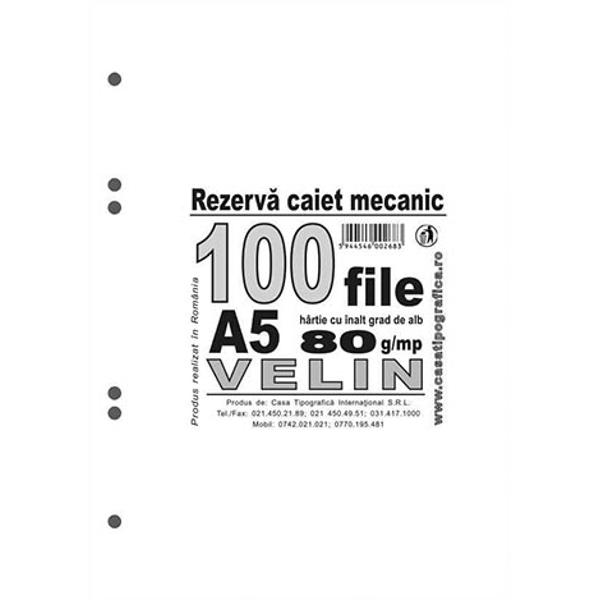 Rezerva pentru caiet mecanic A5 velin 100 file hartie 80 g cu 2 sau 4 inele Casa TipograficaFabricat in Romania de foarte buna calitatea din hartie groasa de 70 gmp ce nu permite trecerea cernelii de pe o fila pe alta