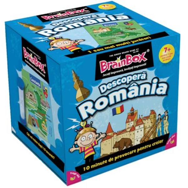 Joc educativ BrainBox Descopera RomaniaBrainbox Romania este conceput pentru a fi jucat impreuna cu familia si prietenii Va imbunatati spiritul de observatie capacitatea de memorare si cunostintele despre istorie geografie si multe alte informatii interesante despre RomaniaObiectivul jocului Fii jucatorul cu cele mai multe cartonase adunate dupa 10 minuteDaca esti cel mai tanar jucator tragi un cartonas din cutie si intorci clepsidra Studiezi imaginea si 