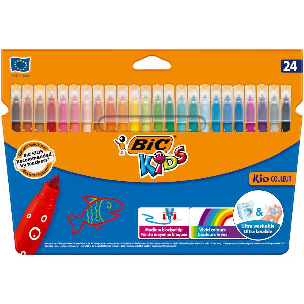Produsele din gama BIC Kids ofera instrumente de coloriaj concepute pentru a oferi copiilor unelte usor de folosit pentru a ii ajuta sa creasca si pentru a le dezvolta creativitatea Markerele de colorat Kid Couleur sunt destinate copiilor cu varsta de 5 sau mai mult de 5 ani pentru micile lor proiecte de colorat de zi cu zi Markerele BIC Kid Couleur vin in 12 culori luminoase pentru desene cu un contrast ridicat care se evidentiaza in pagina Proiectate cu un varf mediu fix care nu poate 