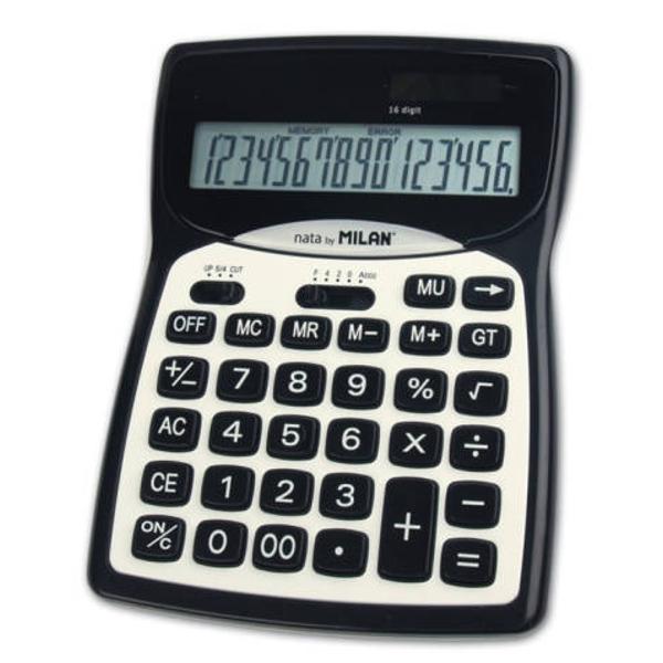 Calculator 16 digits Milan 01616 digits taste din plastic fa&539;&259; metalic&259; alimentare dual&259;;taste memorie radical GT reglare num&259;r de zecimale OFF;dimensiuni 187 x 135 x 25 cm