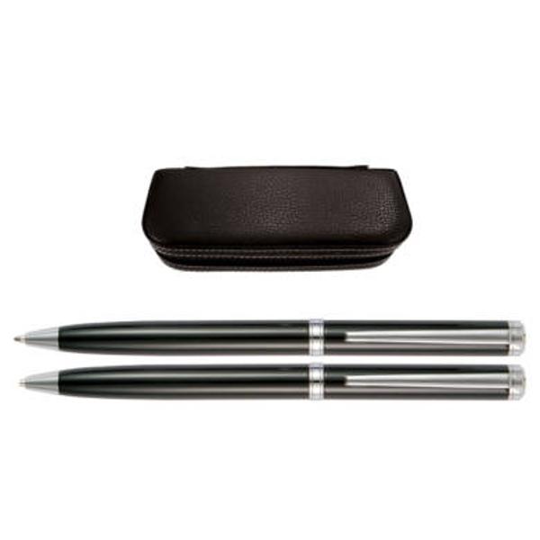 Set de instrumente de scris de lux format din corp metalic negru cu ornamente argintii;pix cu min&259; tip Cross creion mecanic 1 mm