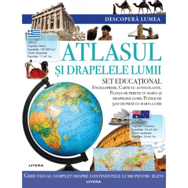 SET EDUCATIONAL Enciclopedie Carte cu autocolante Plansa de perete cu harta si drapelele lumii Puzzle de 500 de piese cu harta lumii Te-ai intrebat vreodata care sunt cele mai frumoase obiective turistice sau bogatii naturale ale lumii Ai vrea sa afli o multime de lucruri noi despre tarile edificiile impunatoare civilizatiile si popoarele de pe planeta noastraDescopera fascinanta lume din jurul nostru prin intermediul acestui set educativ 