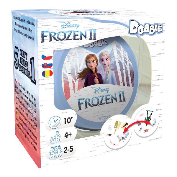 Noul joc Dobble Frozen 2 ii aduce pe Elsa Anna Kristoff Olaf si Sven chiar la voi acasa Va veti putea testa abilitatile spiritul de observatie si reflexele in acest joc despre alegeri fulger cu personaje si simboluri din indragitul film Frozen 2Ca si clasicul Dobble un joc premiat pentru toate varstele acesta functioneaza cu mecanici simple exista treizeci de carti care au fiecare imagini multiple dar 