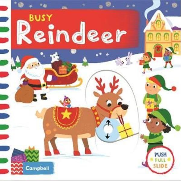With lots to see in Busy Reindeer children can have fun pulling pushing and turning the mechanisms as they read about Ruby Reindeers Christmas journey Join Ruby Reindeer as she flies through the sky and helps Santa deliver Christmas presents Children will love playing with this bright and colourful board book with gentle rhyming text and wonderful illustrations by Samantha Meredith Discover more of the Busy Book series Busy Garage Busy Builders Busy Playtime Busy Beach Busy Garden 