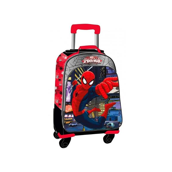 Troler scoala Marvel Spiderman are 1 compartiment 1 buzunar exterior 4 roti imprimeu cu personajul Spiderman confectionat din poliester si PVC maner fix  maner telescopicTroler cu licenta Marvel Spiderman este recomandat pentru copii