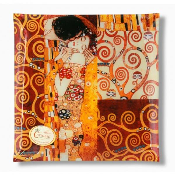 Platou confectionat din sticlaDimensiuni 25x25cmDecorat cu reproducere dupa lucrarea Kiss a pictorului Gustav Klimt 