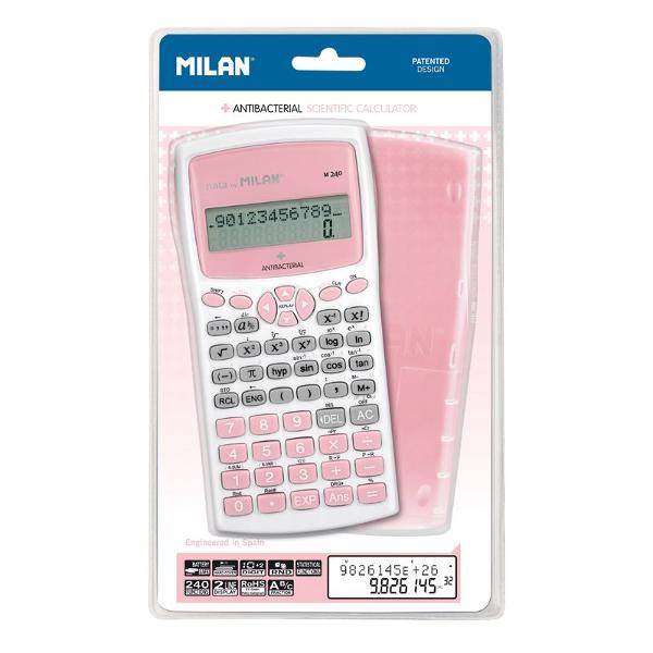 M240 scientific calculator Antibacterial Edition White and pink colours with hard-wearing translucid pink protective cover Treated with silver phosphate glass CAS 308069-39-8 with antibacterial effect calculator’s body keys and cover Ideal toimprove hygiene at school in the office in environments in contact with food and sanitary environments With 2-line reading screen 102 digits Simultaneous viewing of expression and result 240 integrated functions including 124 