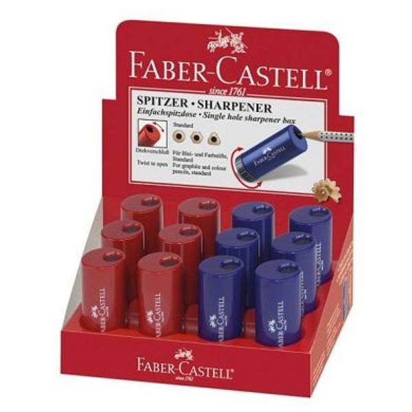 Ascutitoare plastic simpla cu container rosiealbastra – Faber-Castell• ascutitoare de calitate cu container• surub de siguranta• pentru creioane triunghiulare clasice creioane grafit si colorate