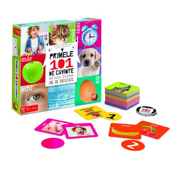Jocul 101 de cuvinte din viata cotidiana ajuta copilul sa recunoasca obiectele si culorile invatand in acelasi timp sa numere Trageti un jeton si observati-l impreuna cu copilul Ajutati-l sa gasesca si sa adune numarul corespunzator de cartonase de culoarea indicata pe jeton Cititi cu voce tare denumirile imaginilor pentru ca copilul sa poata memoriza obiectele culorile si numerele Jocul include 3 modalitati de joc Gaseste si priveste Cine stie castiga si Ce sunt Valori dezvoltate 