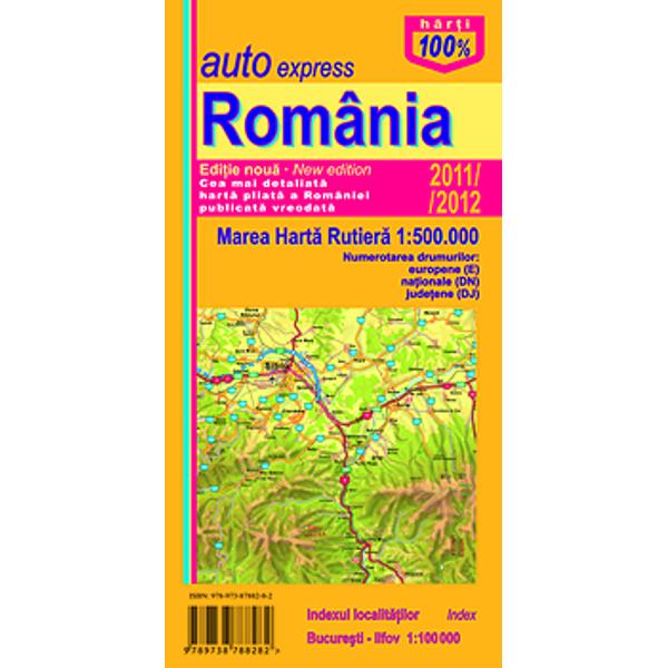 Scara 1500000Harta rutiera Romania cuprinde toate drumurile europene nationale judetene si comunale din tara numerotarea acestora si distantele dintre localitati Indexul localitatilor este de asemenea prezent precum si detalii privind formele de relief si obiectivele turistice importante
