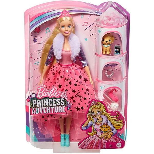 CaracteristiciPapusa Barbie inspirata din seria Aventurile Printeselor – Barbie Princess Adventure ii invita pe cei mici intr-o calatorie magica dintr-un regat indepartat in care imaginatia domnestePapusa Barbie are o tinuta absolut incantatoare formata dintr-o rochita chic cu top roz si fusta adorabila cu imprimeu dulce si stralucitor cu texte precum „believe „happy „dream si alteleJacheta in nuante 