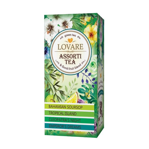 Ceai verde asortat „Lovare”Un cadou original pentru to&539;i fanii b&259;uturilor de calitate este ceaiul exclusiv împachetat în plicule&539;e individuale În fiecare cutie pute&539;i g&259;si patru feluri de ceai a câte &537;ase plicule&539;e fiecare«Bahamian Soursop» Vitalitatea rafinat&259; a ceaiului verde delicat gustul fin &537;i aroma proasp&259;t&259; a graviolei exotice sunt 