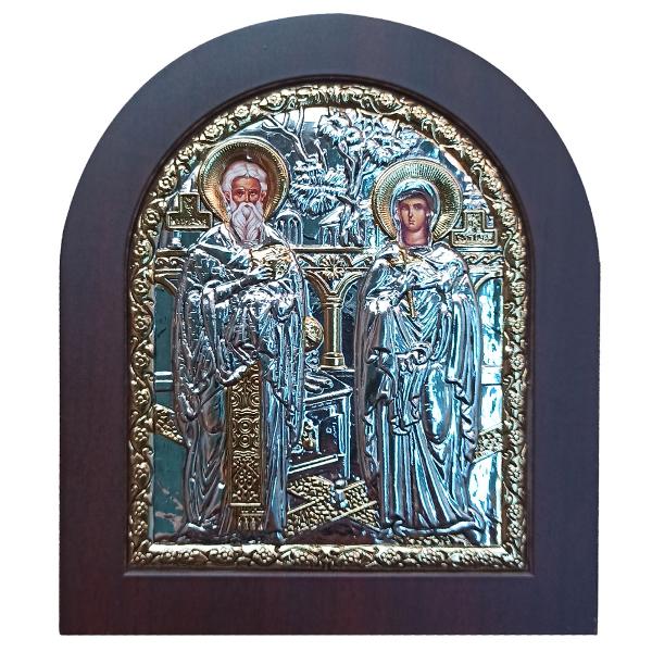 Icoana argintata Sfintii Ciprian si Iustina 11×13 cm Este ambalata intr-o cutie de cadou gata de a fi daruita 
